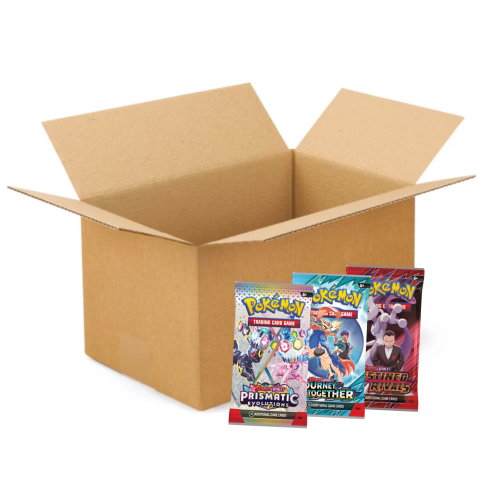 Kartónová krabica s Pokémon booster packami pripravená na odoslanie